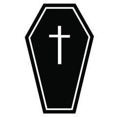 Simple black silhouette graphic of a classic coffin shape featuring a contrasting white cross on the lid.