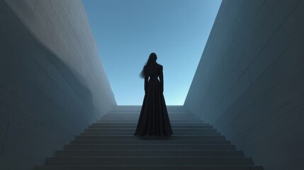A solitary woman in an elegant black gown stands at the base of a wide staircase ascending to a bright open sky,