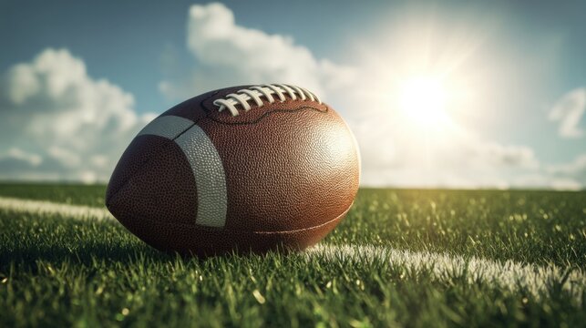 An American football rests on lush green grass under bright sunlight, - Powered by Adobe