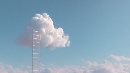 A tall white ladder extends towards a large fluffy cloud against a clear blue sky,