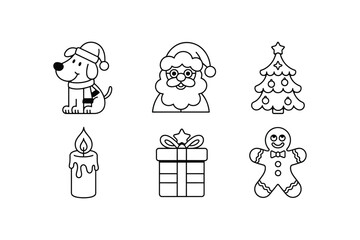Adorable Christmas icons featuring a dog, Santa Claus, a tree, a candle, a gift, and a gingerbread man, perfect for festive designs, adding a touch of holiday cheer to websites.