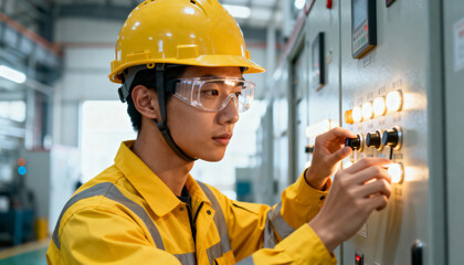 Focused engineer operating control panel with safety helmet and glasses in industrial facility under bright lighting conditions