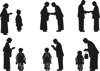 Japanese tradition silhouette of adults and children in kimono exchanging greetings, cultural ceremony, respectful interaction vector illustration for heritage design