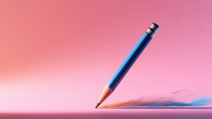 A blue pencil in motion creates vibrant orange and yellow trails on a pink backdrop,