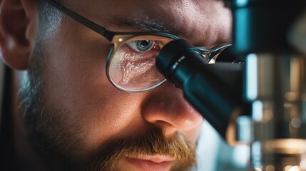 A focused lab technician looks intently through the microscope's eyepiece in a dark laboratory