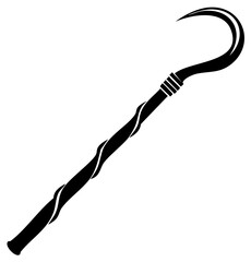 Black silhouette of a shepherd crook or magical staff with a sharp curved hook vector icon