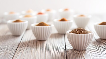 aromatic. An artistic arrangement of spice cups on a wooden table from an overhead perspective. menu design, packaging mockups, designed for culinary blogs and recipe cards for restaurants.