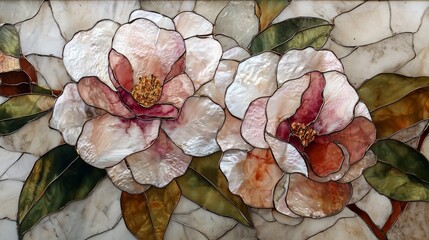 rustic stained glass artwork of camellias with pearlescent marbled petals