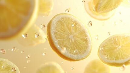 fresh sliced lemons with dewdrops floating on soft pastel yellow background