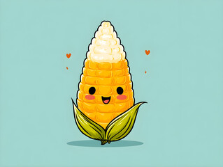 Cute kawaii corn with smiling face and rosy cheeks