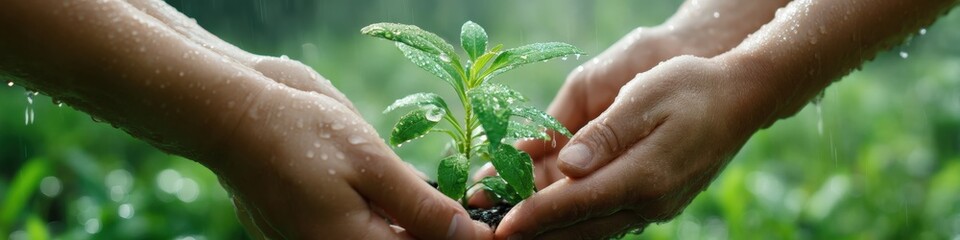 Close-up of two hands gently holding a wet seedling with water dripping