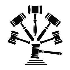 Radial black silhouette icon design featuring multiple gavels arranged in a circle, symbolizing law, justice, or auction.