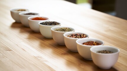 aromatic. An artistic arrangement of spice cups on a wooden table from an overhead perspective. menu design, packaging mockups, designed for culinary blogs and recipe cards for restaurants.