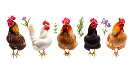 Colorful hens with flowers on transparent background