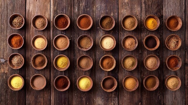 aromatic. An artistic arrangement of spice cups on a wooden table from an overhead perspective. menu design, packaging mockups, designed for culinary blogs and recipe cards for restaurants.