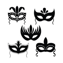 Collection of ornate black silhouette icons for masquerade or carnival masks featuring feathers and decorative details.