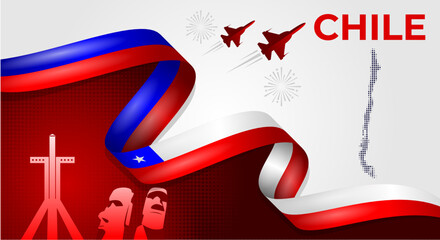 Chile Independence Day Banner with Flag Ribbon and Landmarks