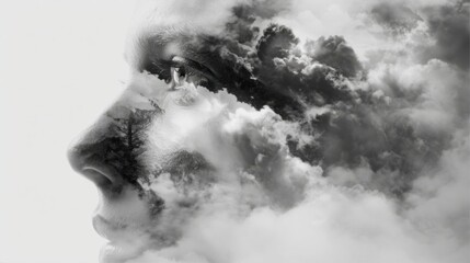 A monochrome profile portrait merges human features with fluffy clouds,
