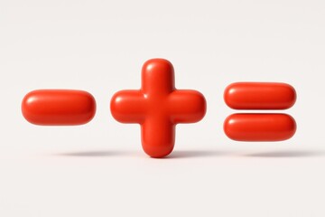 Fototapeta premium Glossy red 3D math symbols minus, plus, and equals, on a clean white surface