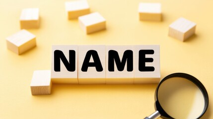 Eight wooden blocks spelling NAME scattered on bright yellow background, two blocks form complete word,