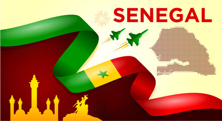 Senegal Independence Day Banner with Flag Ribbon and Landmarks
