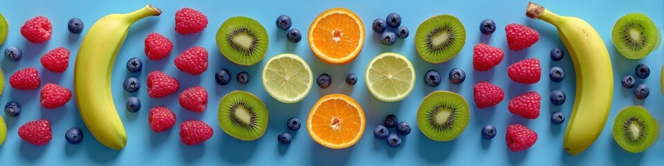 Obraz premium Organized flat lay of colorful fresh fruits: oranges, kiwi, bananas, and berries on blue