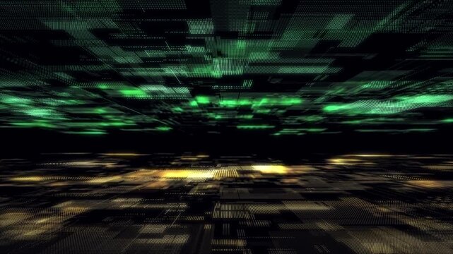 Abstract digital cyberspace with moving particles. Cyber security database. Matrix technology decoder. Futuristic hi-tech background with colors dots. High speed big data. 3D rendering.