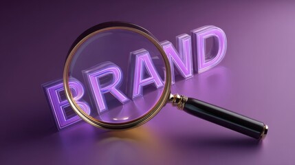 A magnifying glass focuses on glowing purple three-dimensional letters spelling BRAND against a dark textured background