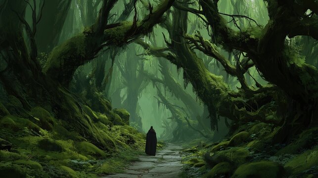 Mysterious figure in dark robes stands at the entrance to an ancient foggy forest