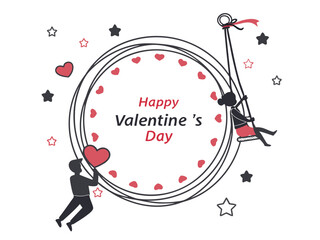 “Happy Valentine’s Day” circular frame with small stars and hearts, simple modern vector design.
