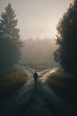 A solitary figure at a fork in a foggy forest road: concept of choice and uncertainty