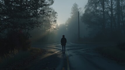 A solitary figure at a fork in a foggy forest road: concept of choice and uncertainty