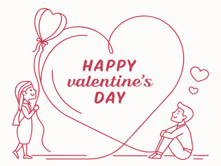 Continuous line heart illustration with “Happy Valentine’s Day” text, minimal romantic vector template.
