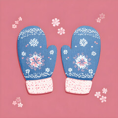 Cute mittens with snowflake pattern, kawaii style clipart