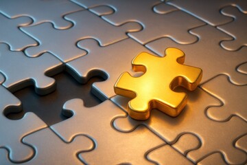 Fototapeta premium Golden puzzle piece next to an empty space, surrounded by silver pieces
