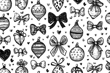 Cute ornaments with bows and ribbons, doodle black and white seamless pattern