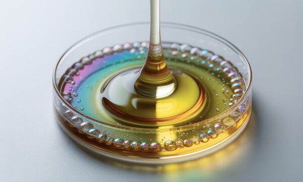 Golden viscous fluid streams into a clear lab dish, creating a pool with rainbow bubbles