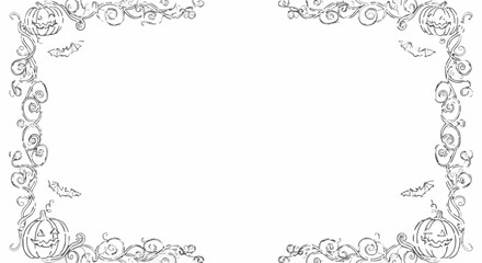 Fototapeta premium Whimsical hand-drawn frame with festive jack-o'-lanterns, flying bats, and intricate scrollwork. Perfect for autumn holiday invitations, spooky party themes, or graphic designs