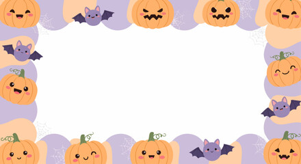 Fototapeta premium Adorable Halloween border featuring smiling cartoon pumpkins and flying purple bats, perfect for a festive seasonal greeting card