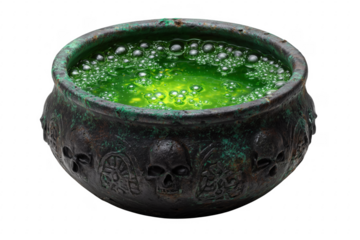 Bubbling green potion in skull decorated cauldron liquid isolated on a transparent background