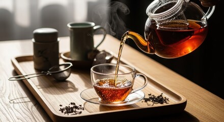 Hand pours hot amber tea from glass pot into clear cup on wooden tray with leaves