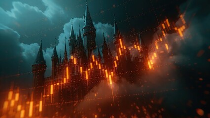 Mysterious Gothic Castle Illuminated by Fire at Night.