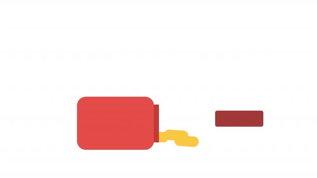 Animated vector illustration of red and yellow pill bottle capsule opening with powder particles falling down. Clean pharmaceutical and medical motion concept.