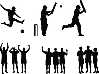 Silhouette illustration of cricket and soccer players celebrating, playing matches, teamwork communication, and sports victory moments concept for competition vector design
