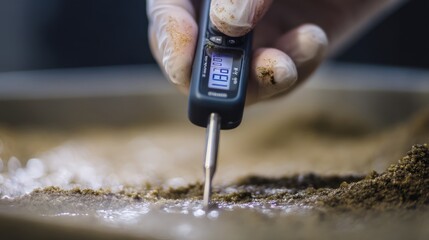 Close-up of a lab assistant submerging an electrode of a portable EC/TDS meter into wet soil