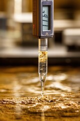 Close-up of a lab assistant submerging an electrode of a portable EC/TDS meter into wet soil