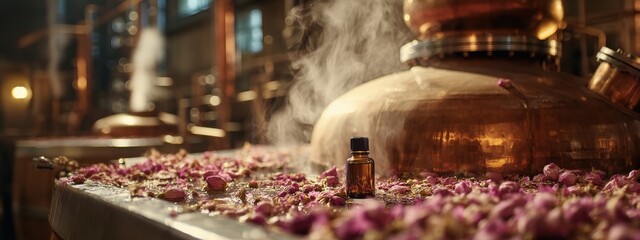 Copper Still and Essential Oil Vial on a Wooden Table