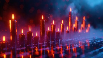 Mystical Candles Illuminating a Dark, Smoky Ambiance with Vibrant Neon Hues and Reflections.