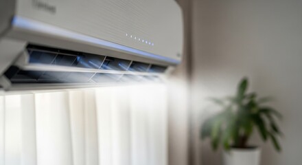 Indoor wall-mounted cooling unit blowing air with indicator lights above window blinds