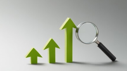 Three green upward-pointing arrows of increasing sizes aligned horizontally with a magnifying glass held above the large